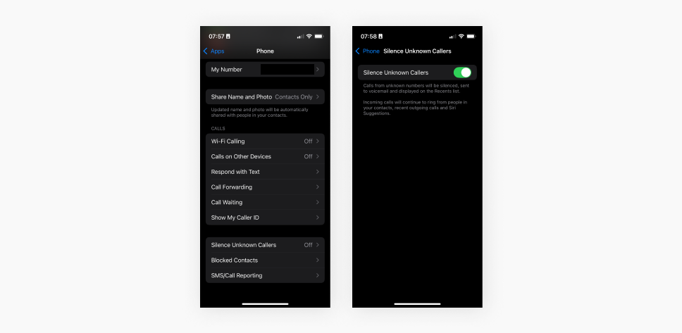 A screenshot of the iPhone's Phone settings and a screenshot of the iPhone's Silence Uknown Callers setting with the feature toggled on.