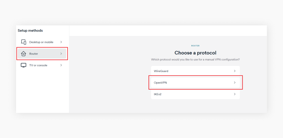 Ein VPN-Einrichtungsbildschirm zeigt die Router-Methode mit dem ausgewählten OpenVPN-Protokoll.

