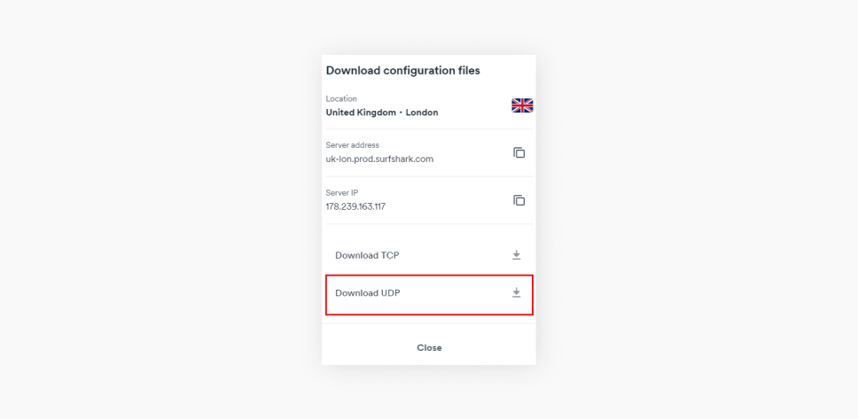 Une interface de téléchargement de fichiers de configuration pour l'emplacement Royaume-Uni, Londres avec l'option Télécharger UDP sélectionnée.