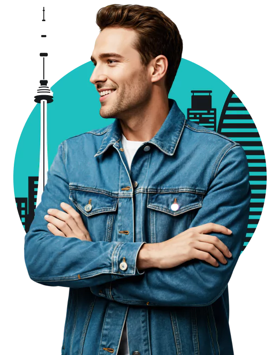 A smiling man in a denim jacket standing confidently in front of an illustrated city skyline featuring the Toronto CN Tower.
