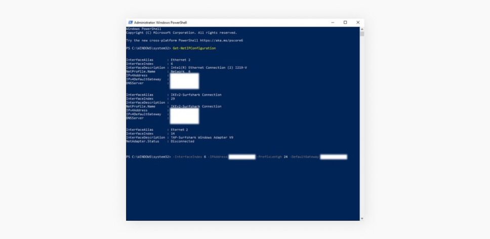 Screenshot of a Windows PowerShell console showing network parameters for setting a static IP address.
