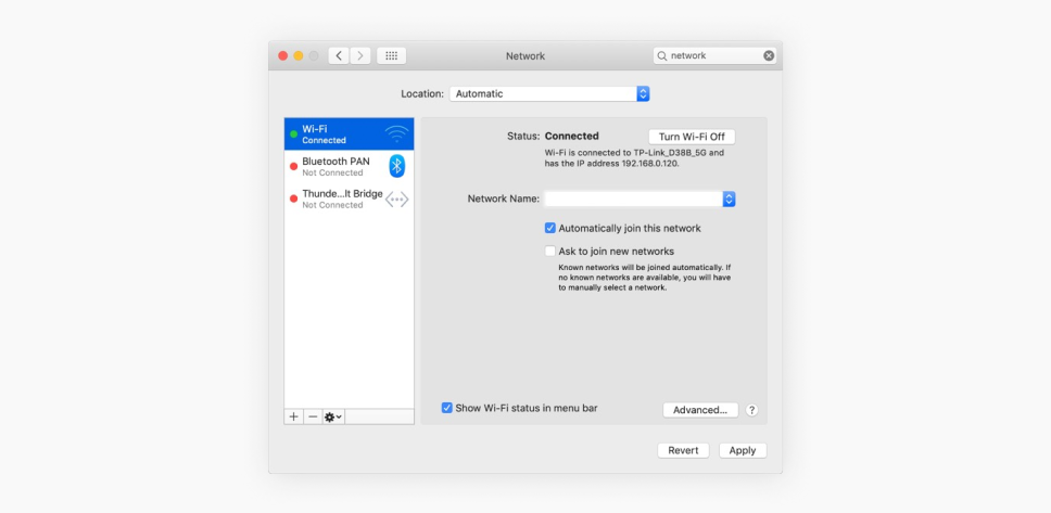 Screenshot of a Mac network settings window showing the WiFi connection and IP address.
