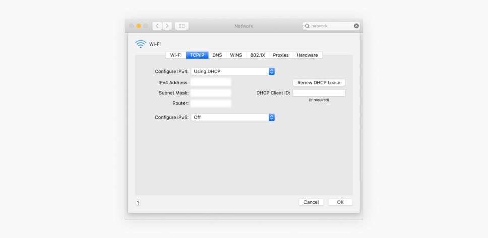 Screenshot of the TCP and IP tab of a Mac network settings window with an empty IPv4 address field.
