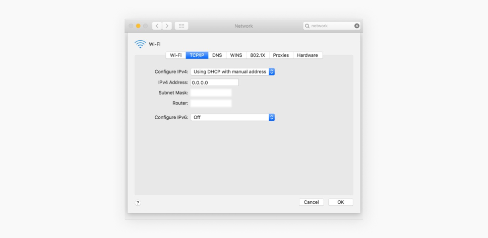 Screenshot of the TCP and IP tab of a Mac network settings window with zeros entered in the IPv4 address field.
