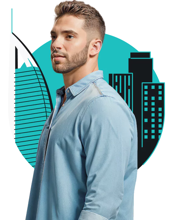 A man in a light denim shirt with the Dubai cityscape in the background, featuring the Burj Al Arab and other skyscrapers.