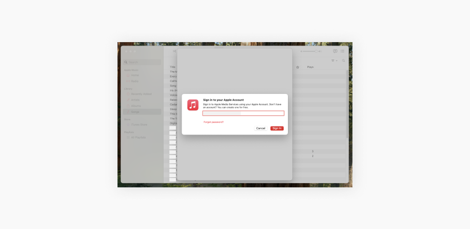 A Mac screenshot of a prompt asking to Sign in to your Apple Account.
