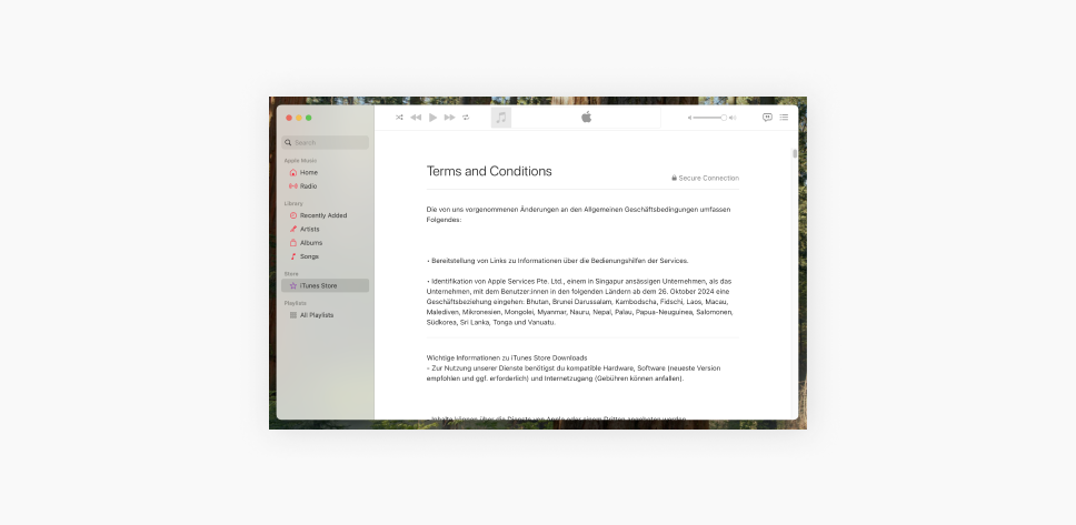 A Mac screenshot of the Terms and Conditions tab on the Apple Music app.
