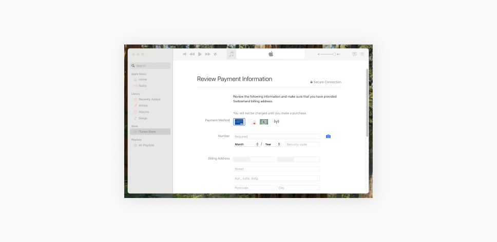 A Mac screenshot of the Review Payment Information tab on the Apple Music app.
