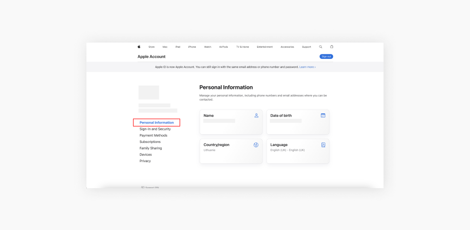 Screenshot of an Apple Account settings page showing the Personal Information section.
