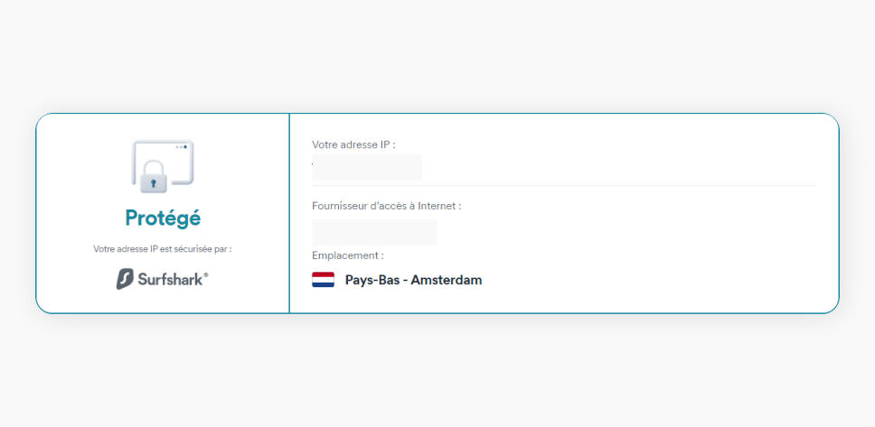 Capture d'écran du site web de Surfshark montrant une icône de cadenas et des champs comme adresse IP et fournisseur d'accès Internet en français.