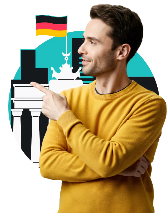 Ein Mann in einem gelben Pullover zeigt nach rechts vor der deutschen Flagge auf dem Brandenburger Tor und einer Stadtsilhouette.