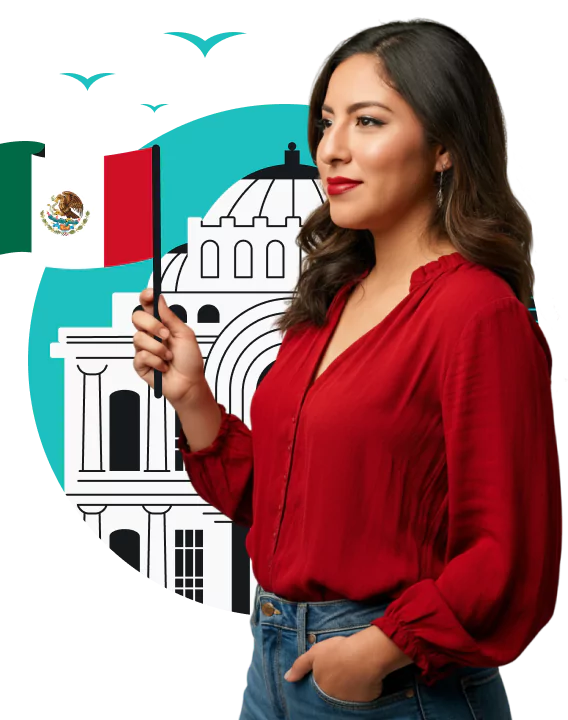 A woman with long hair in a red blouse holding a small Mexican flag in front of a white Palacio de Bellas Artes.