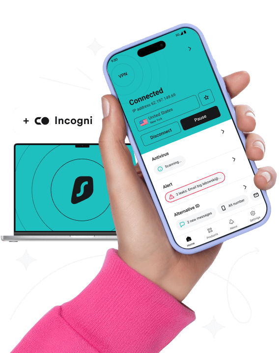 A hand holding a smartphone with the Surfshark VPN app open, and a laptop with the Incogni logo above it in the background.