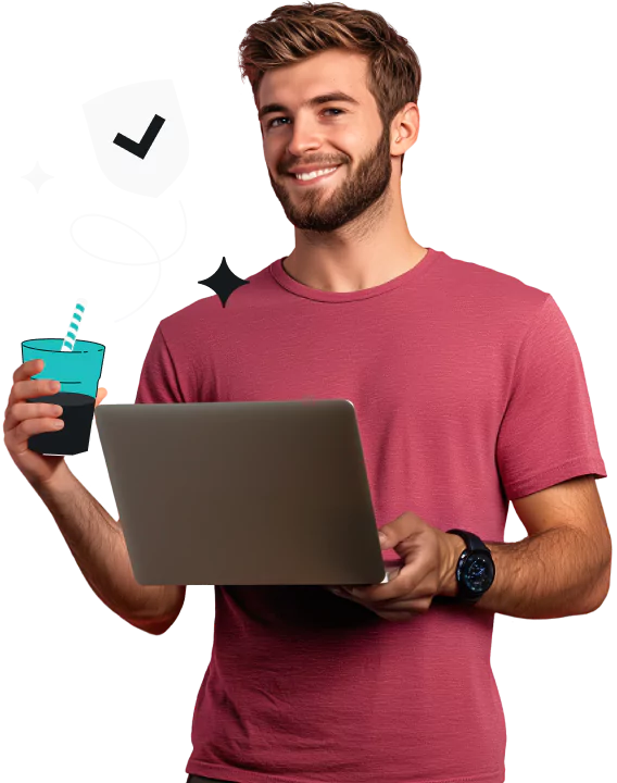 A smiling man in a red shirt holding a laptop and a drink with a straw by a checkmarked shield, a squiggle, and two stars.
