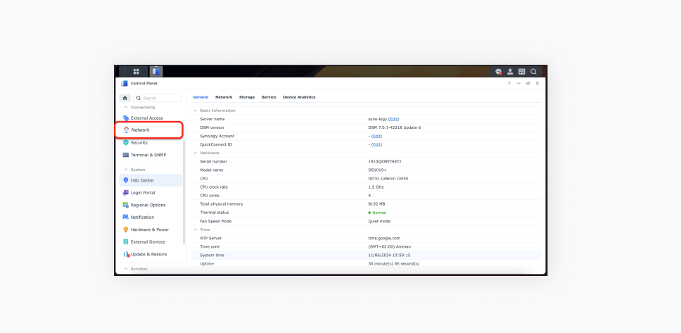 Capture d'écran d'un panneau de contrôle Synology avec la section Réseau surlignée en rouge.