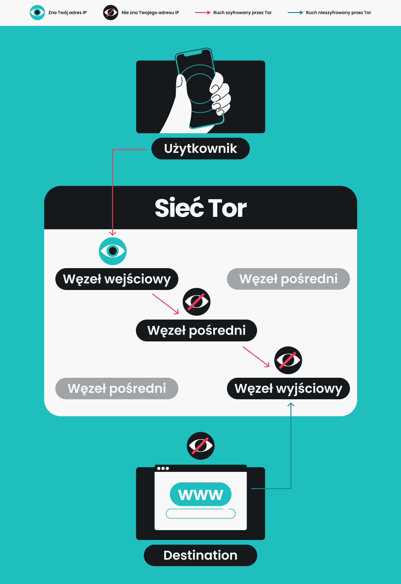 Schemat sieci Tor: ruch użytkownika przechodzi przez węzły wejściowe, przekaźnikowe i wyjściowe do miejsca docelowego WWW, z ikonami IP/szyfrowania