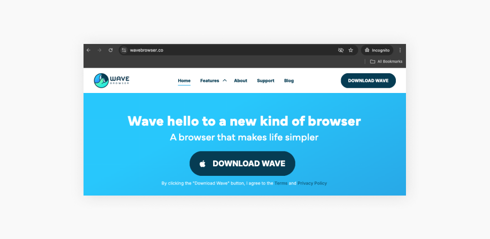 Screenshot of the Wave Browser website homepage featuring a blue background with a large Download Wave button.