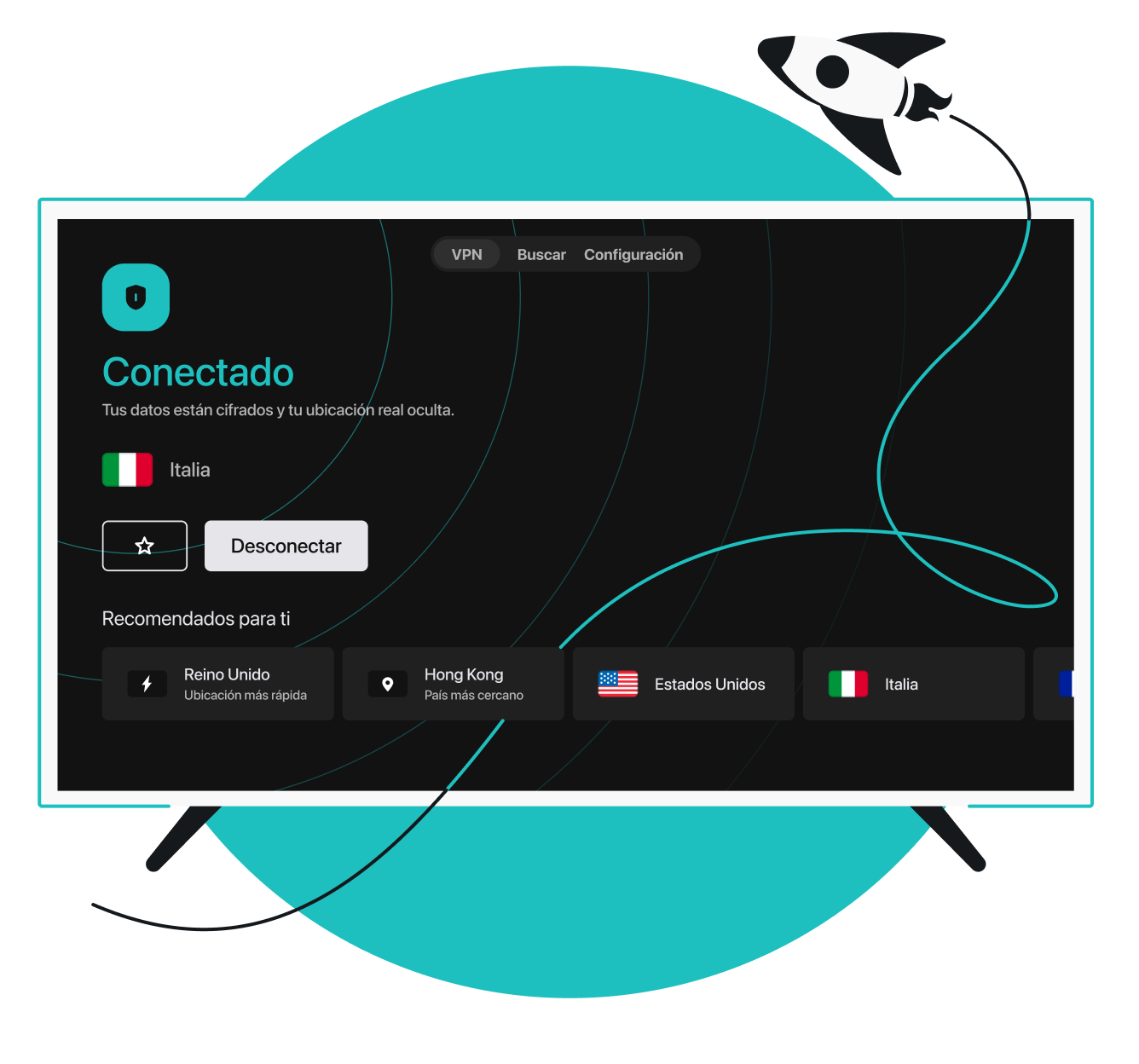 Una pantalla de smart TV muestra una interfaz de VPN conectada a Italia, con botones para desconectar o cambiar a ubicaciones recomendadas.