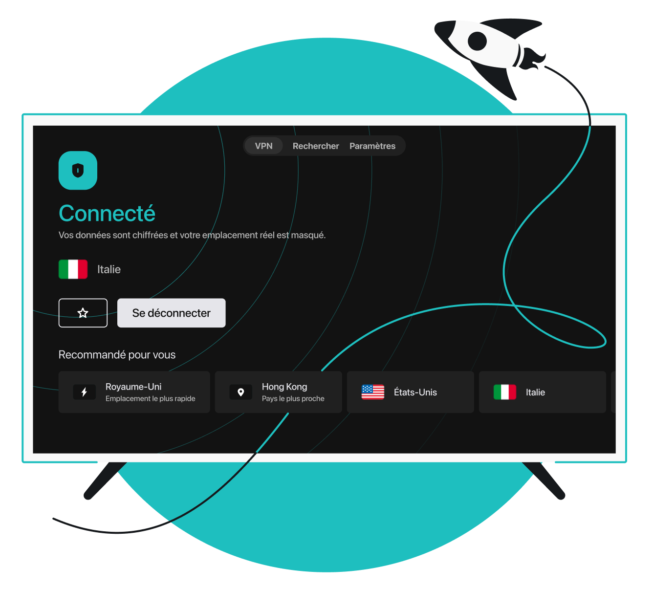 Un écran de smart TV affichant une interface VPN connectée à l'Italie, avec des boutons pour se déconnecter ou passer à des emplacements recommandés.