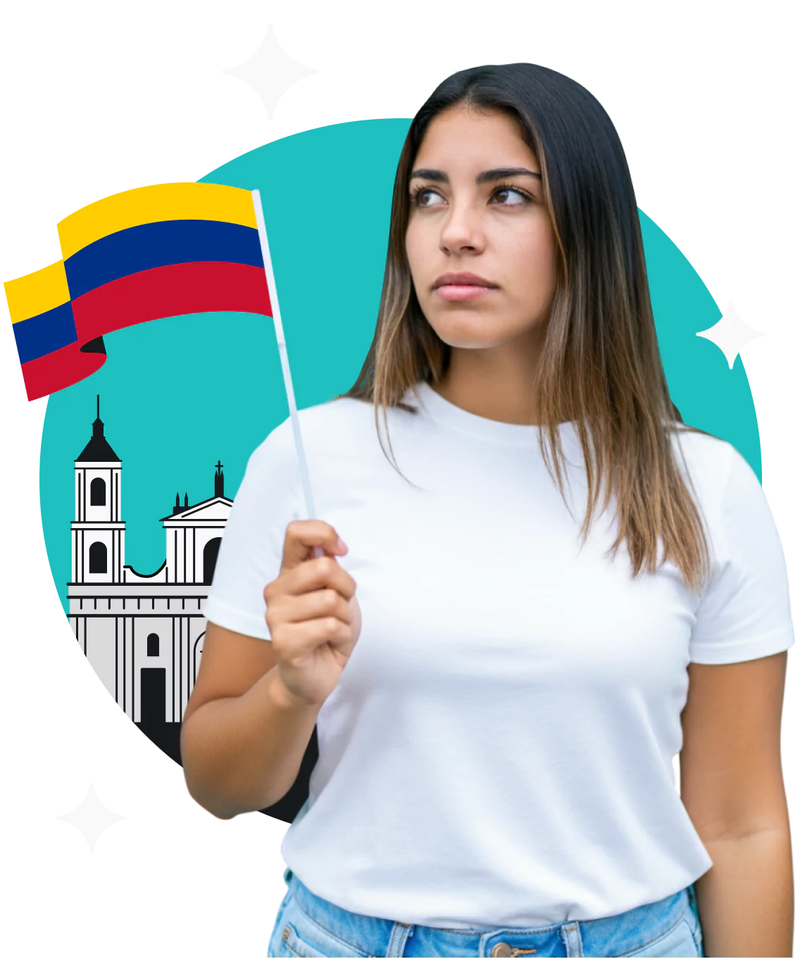 Una mujer con una camiseta blanca sosteniendo una bandera colombiana, con una ilustración de la Catedral Primada de Bogotá al fondo.