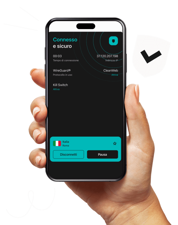 Una mano impugna uno smartphone con l’app di Surfshark VPN aperta, collegata a un server di Londra, Regno Unito, che mostra l’utilizzo dei dati.