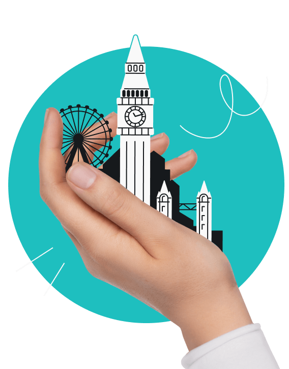 A hand holding London landmarks like the London Eye, Big Ben, and Tower Bridge in a teal circle surrounded by motion lines.
