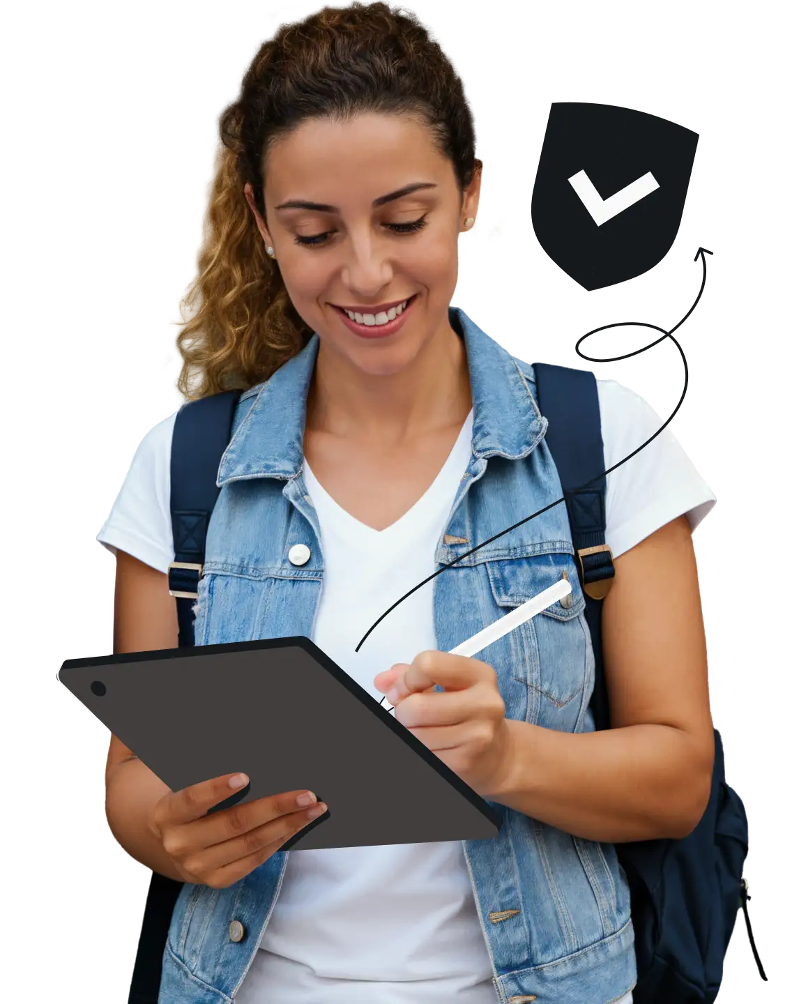A smiling woman writing on a tablet with a stylus, with a checkmarked shield and squiggly arrow floating next to her.