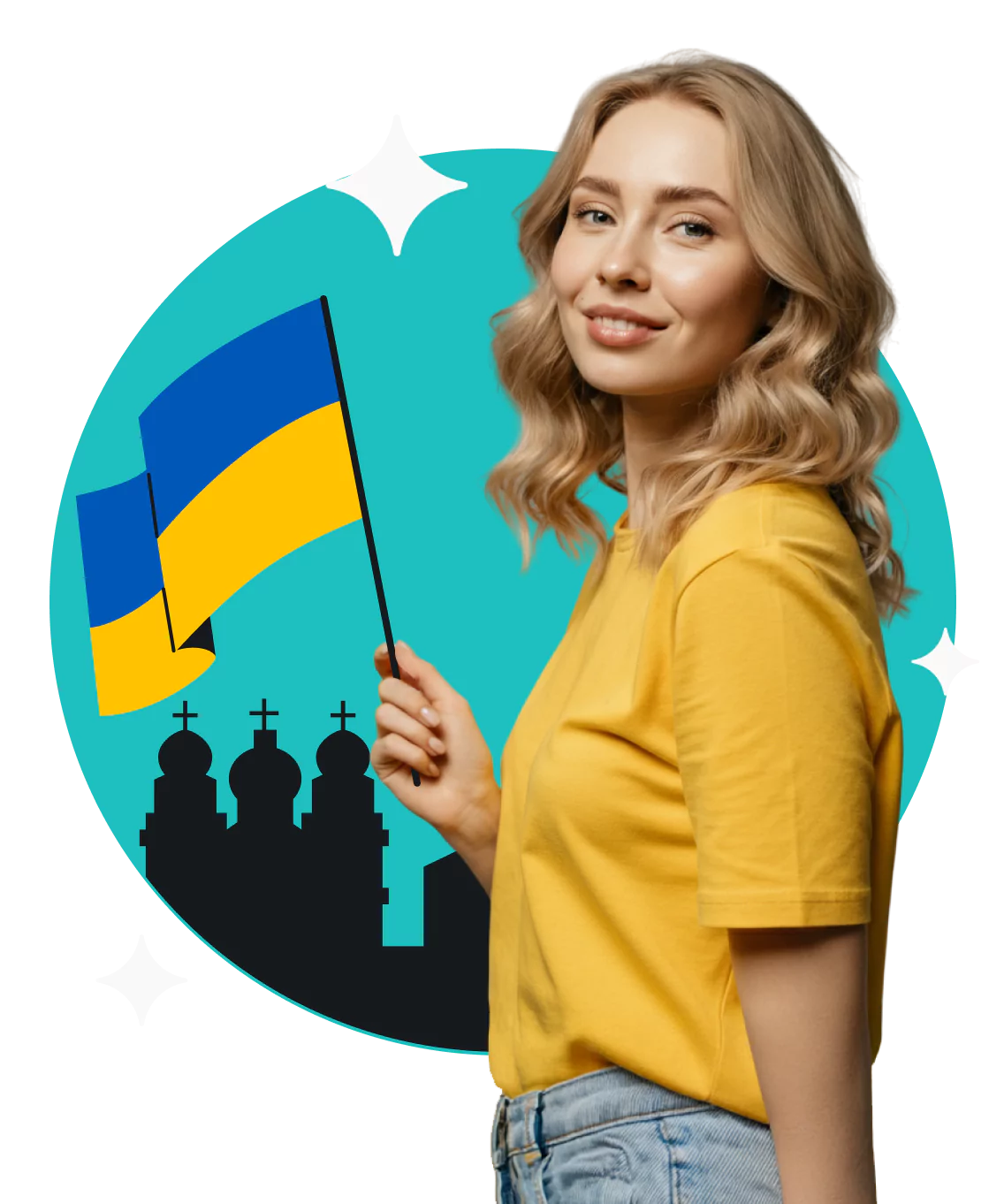 A woman in a yellow shirt holding a Ukrainian flag standing in front of an Eastern Orthodox cathedral and a teal circle.