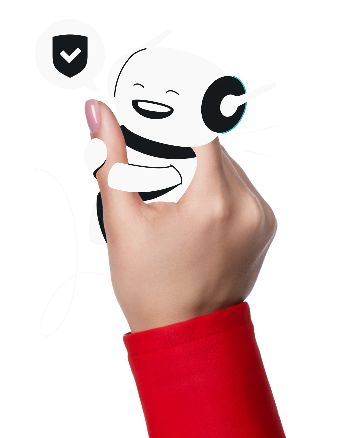 A hand wearing a red sleeve holding a smiling white robot next to a black checkmarked shield.