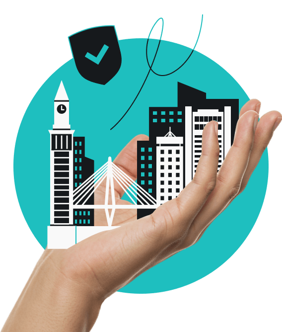 A hand holding the Custom House Tower, Leonard P Bunker Hill Memorial Bridge, and other buildings from the Boston skyline.