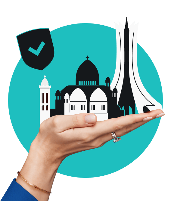 Une main tenant les silhouettes de la basilique Notre-Dame d’Afrique et du monument Maqam Echahid à côté d’un bouclier avec une coche.