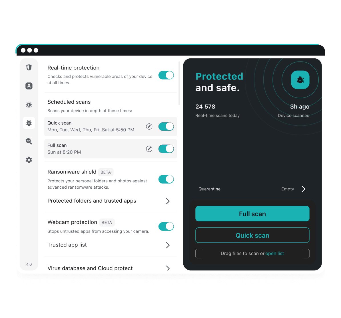 Interfaz de Surfshark Antivirus con estado protegido, escaneos programados, escudo antiransomware y protección de cámara web.