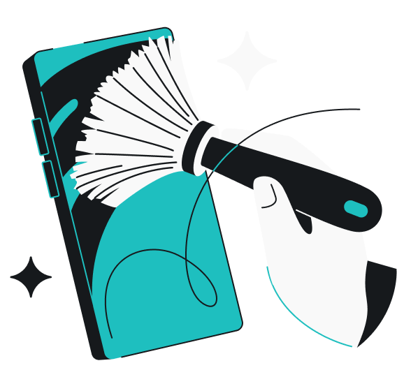 A hand cleaning a smartphone screen with a brush.