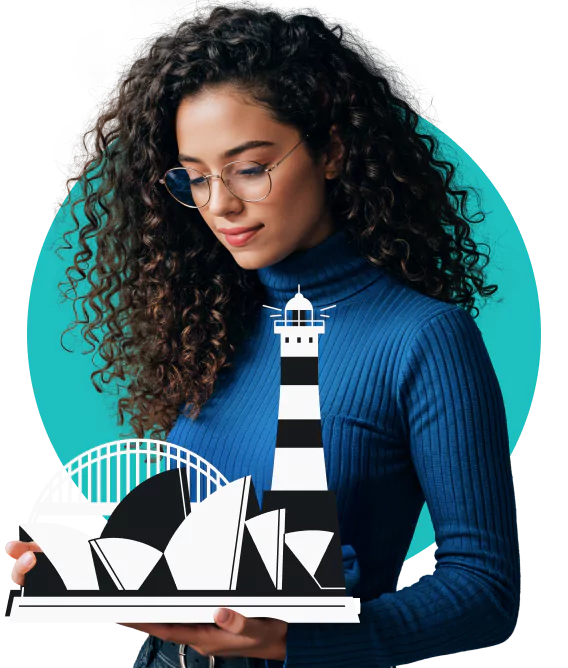 A woman in glasses and a blue turtleneck holding illustrations of the Sydney Opera House, Harbour Bridge, and a lighthouse.