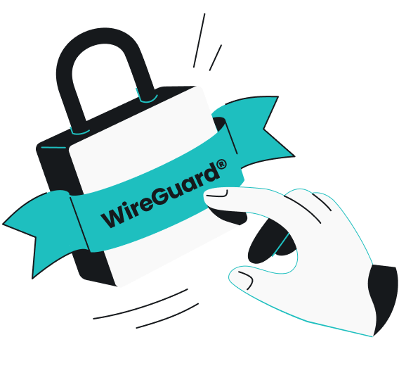 A hand touching a padlock draped in a ribbon labeled WireGuard next to motion lines on a teal background.