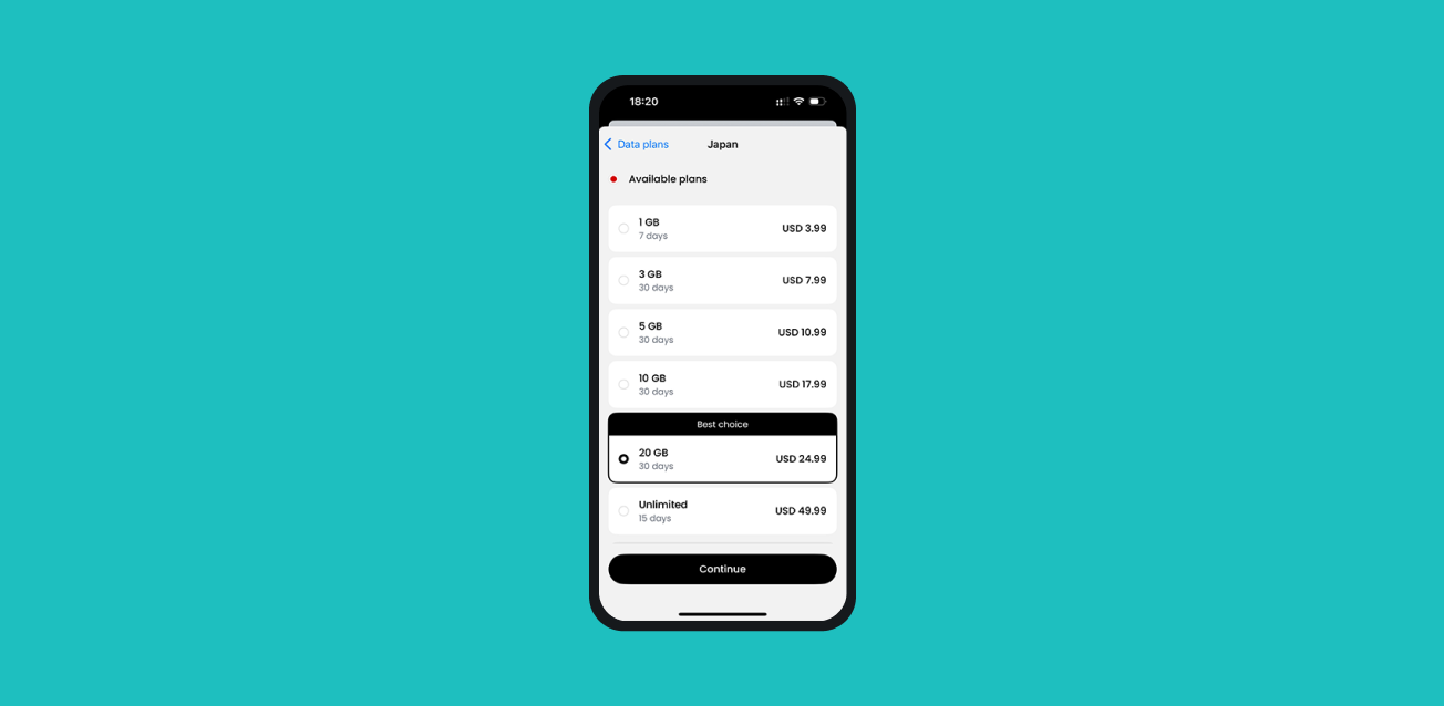 The Saily app interface showing the available Japan data plans and highlighting the best choice.