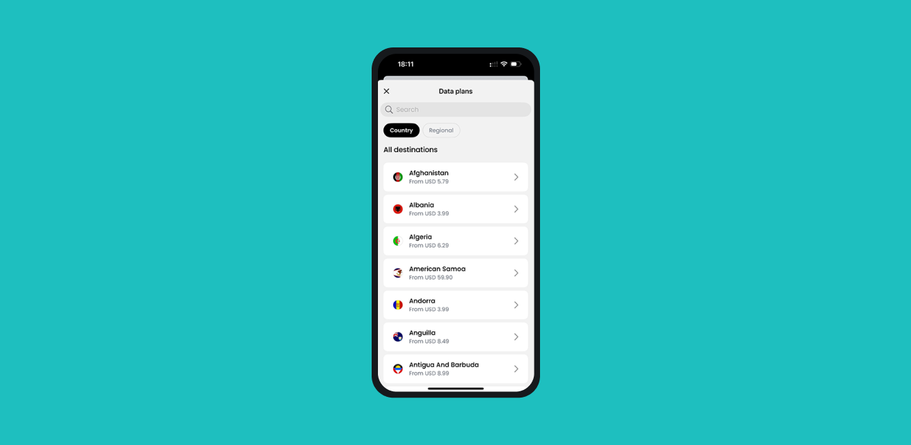 The Saily app interface showing all destinations sorted by country.