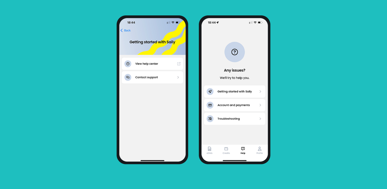 The Saily app interface showing the help center and contact support options.