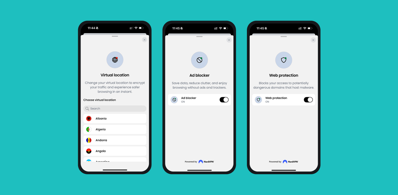 The Saily app interface showing virtual location, ad blocker, and web protection features.