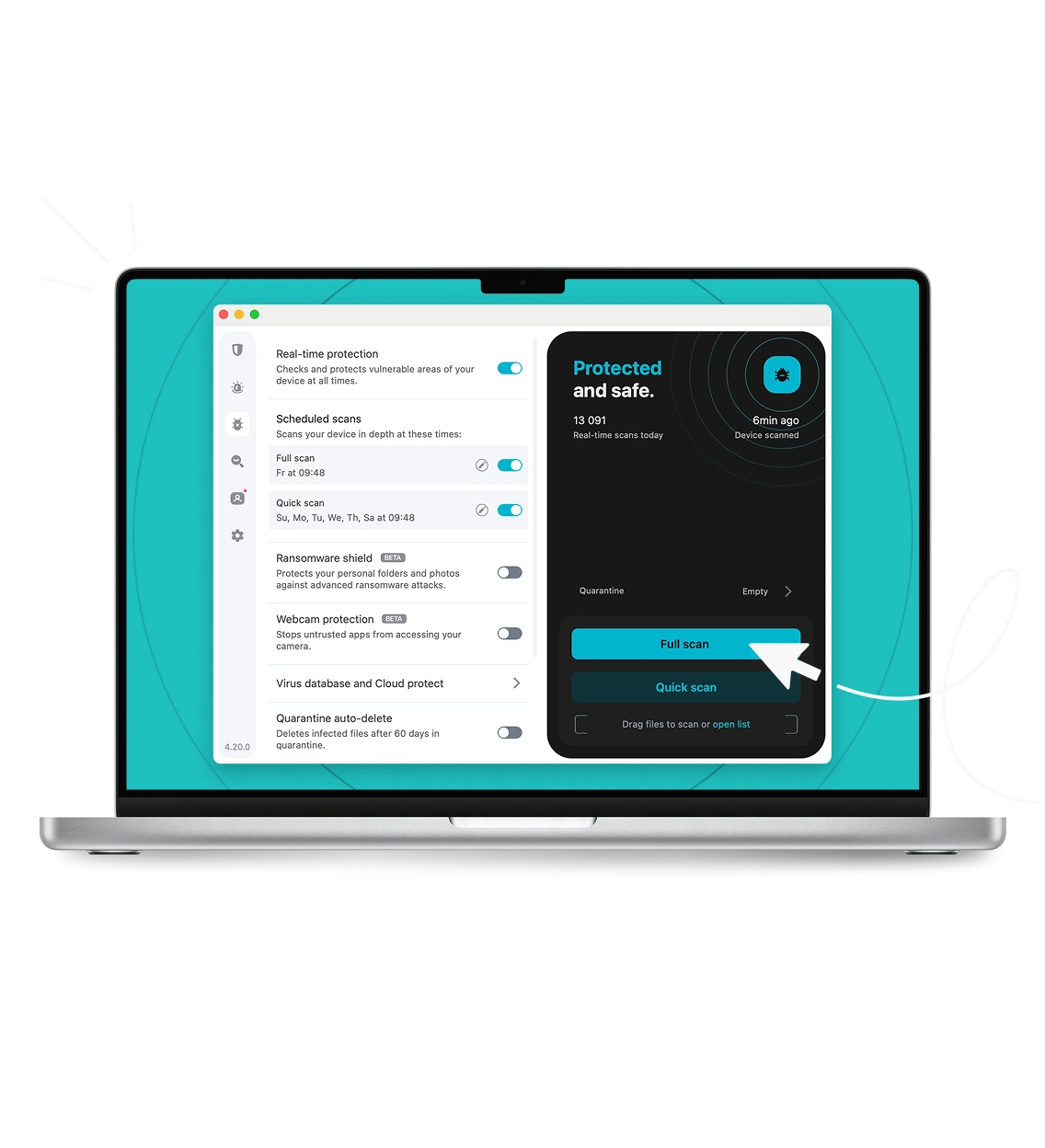 A laptop showing the Surfshark Antivirus interface on its screen and a cursor arrow over the Full scan button.