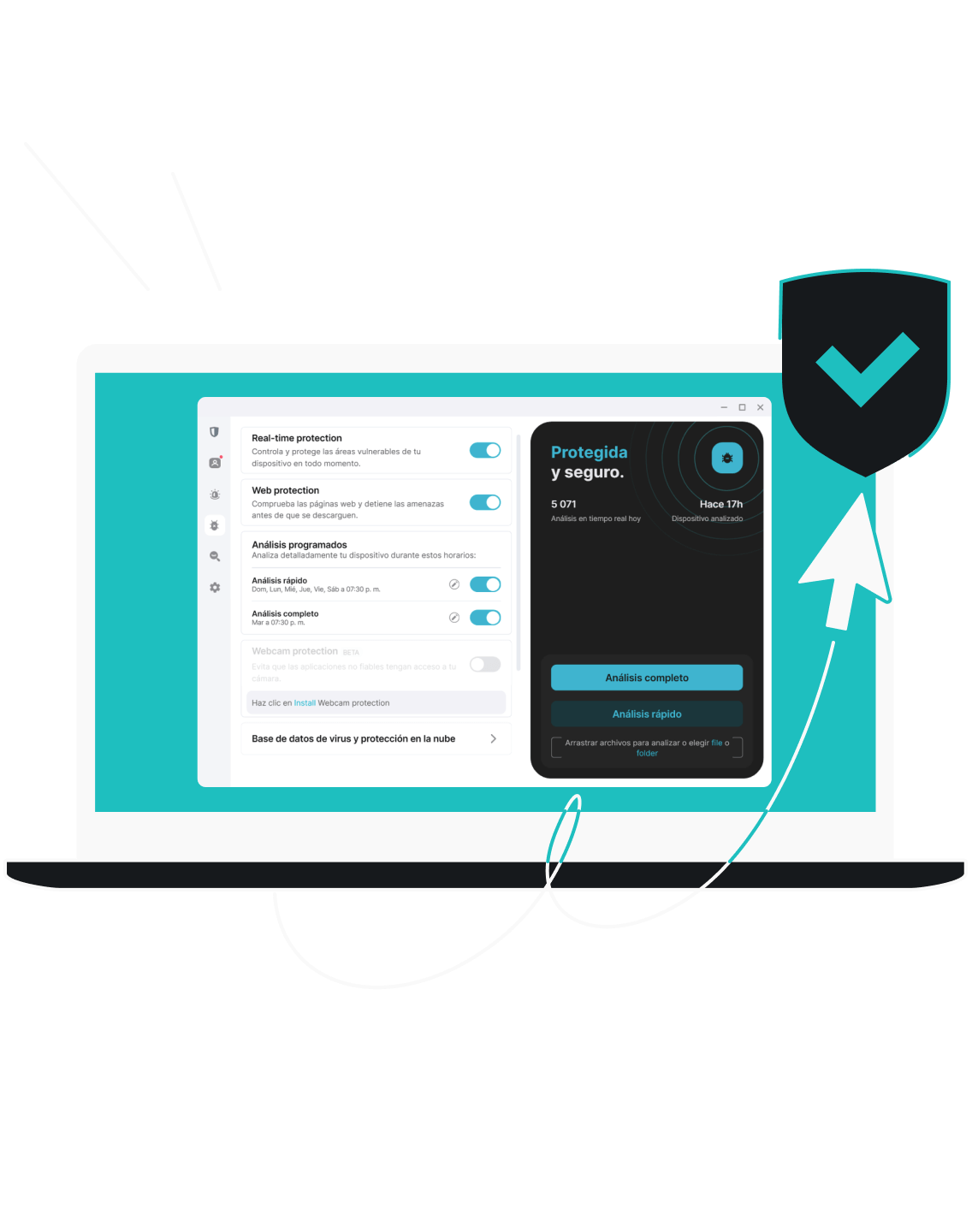 Interfaz de Surfshark Antivirus mostrada en un portátil con Windows, con protección en tiempo real, opciones de escaneo programado, protección de cámara web y botones para escaneo completo o rápido.