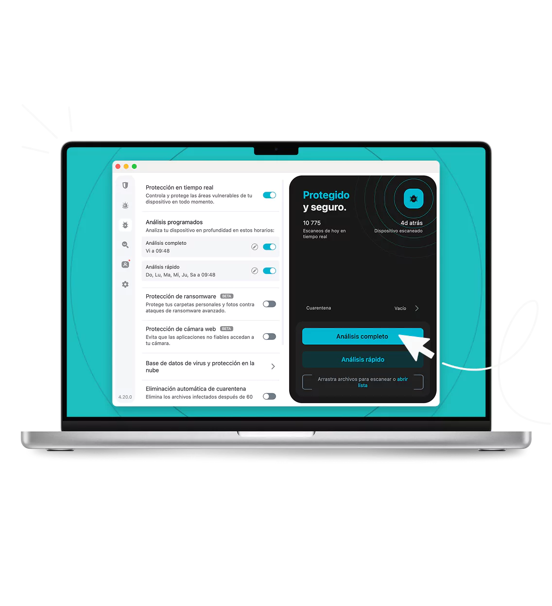  Un portátil que muestra una flecha de cursor blanca y la interfaz de Surfshark Antivirus en su pantalla, junto con líneas en movimiento.