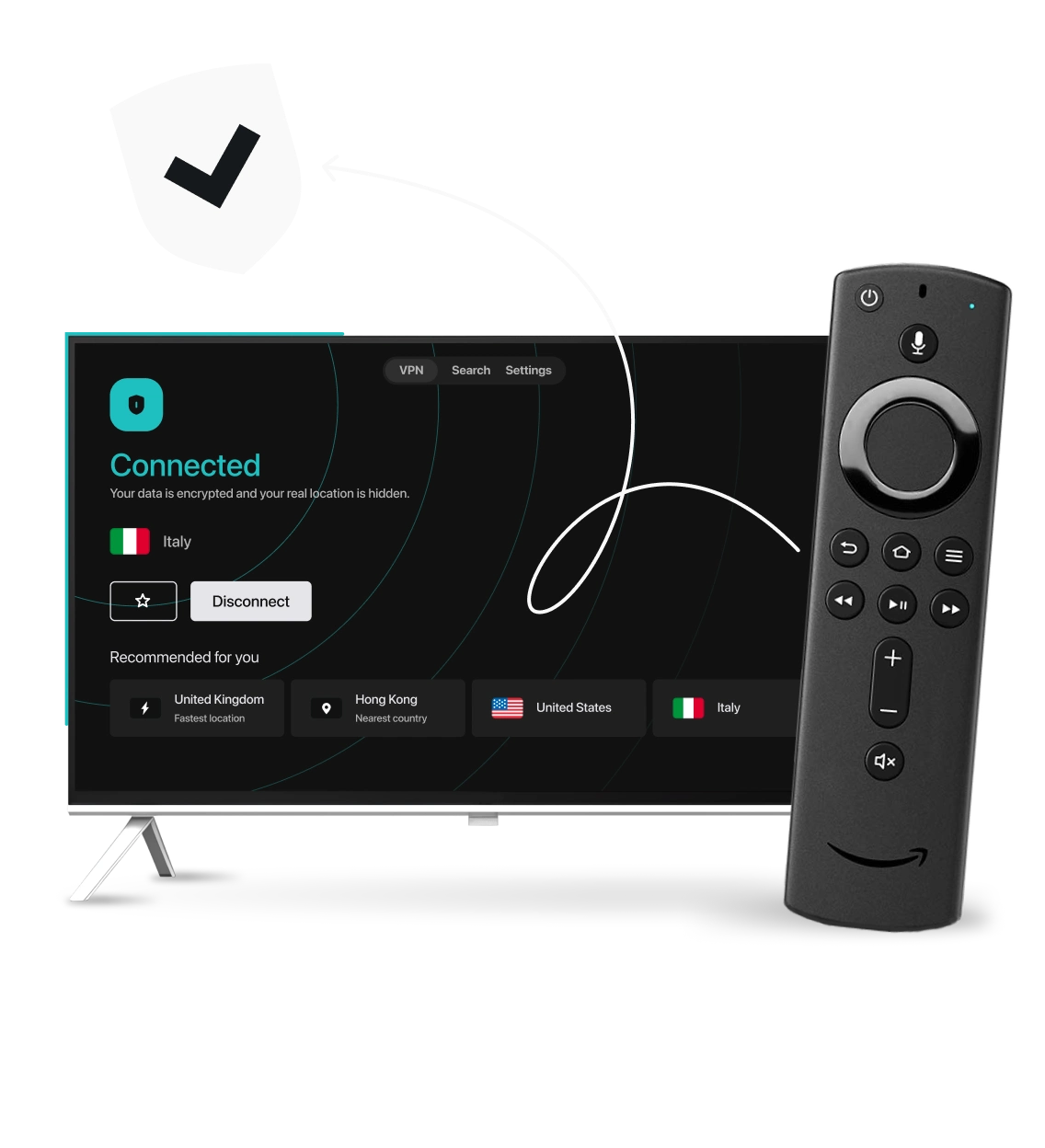 A smart TV showing the Surfshark VPN interface next to an Amazon Fire TV remote, a curved arrow, and a checkmarked shield.