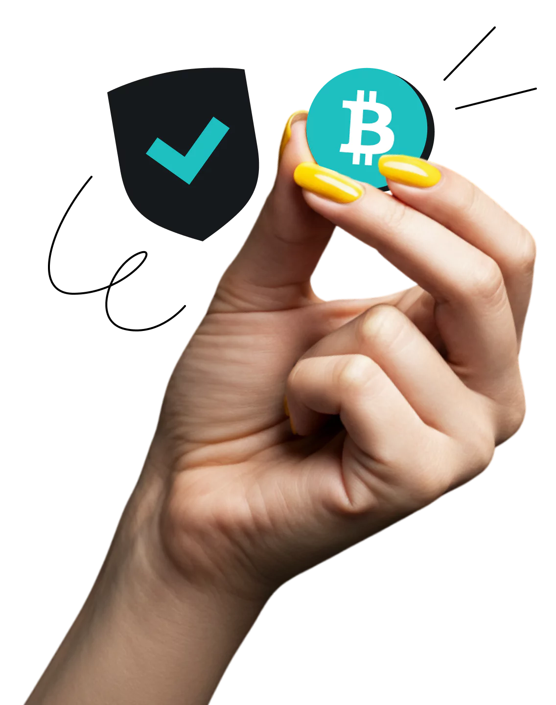 A hand holding a teal coin with the Bitcoin symbol by a black checkmarked shield and motion lines against a gray background.