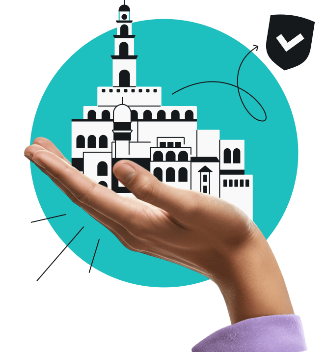 A hand holding illustrated buildings of Jaffa with a checkmarked shield above.