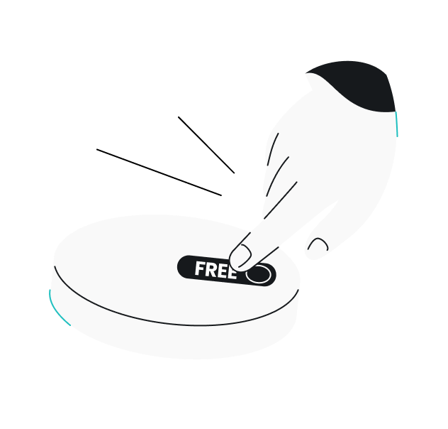 Une main appuyant sur un bouton marqué « GRATUIT » sur une plateforme ronde blanche avec des lignes d'action noires sur fond bleu sarcelle.