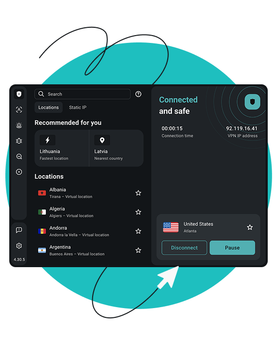 Screenshot of the Surfshark VPN user interface with the text Connected and safe and buttons labeled Disconnect and Pause.