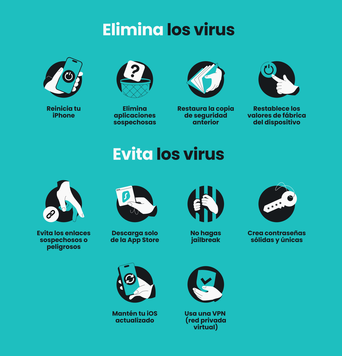 Una infografía que enumera cuatro formas de eliminar virus de un iPhone y seis formas de evitar que los virus infecten un iPhone.
