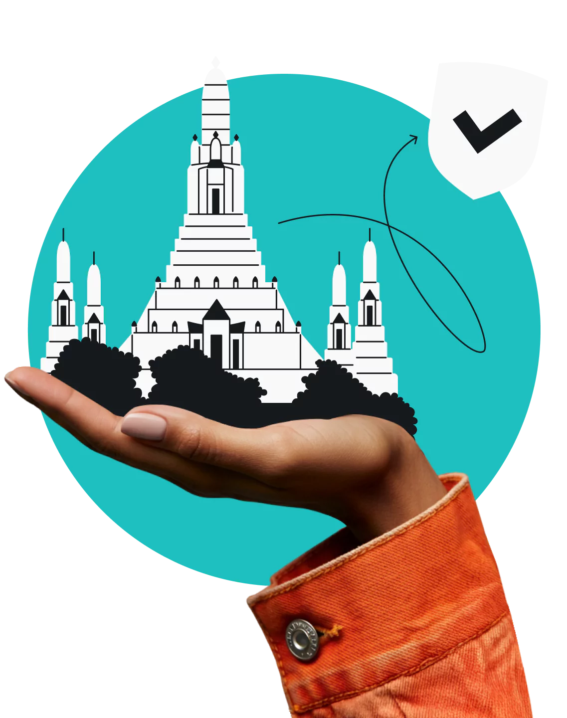A hand holding a stylized Thai temple with a checkmarked shield icon above it.