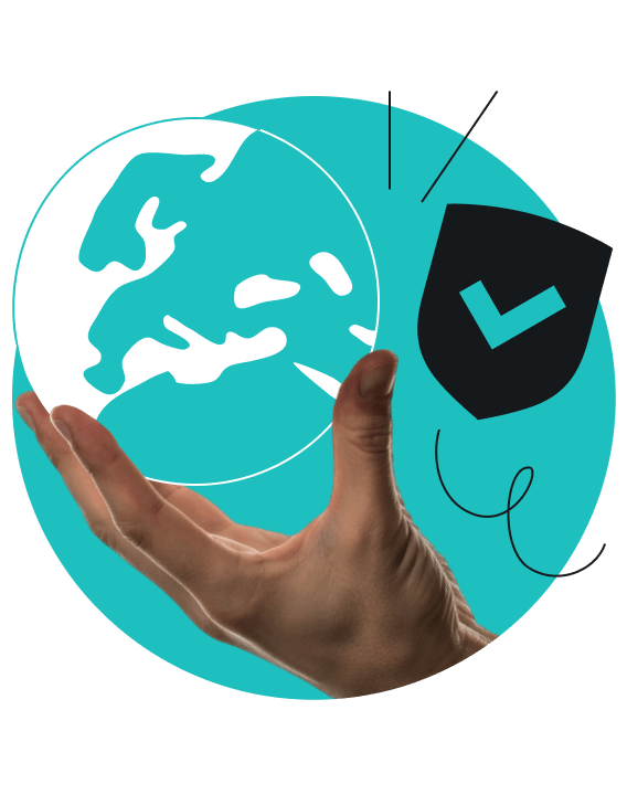 An open hand holding a stylized globe, with a checkmarked shield and squiggles floating nearby.